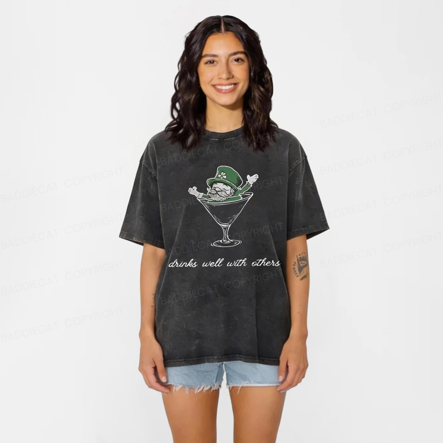 Baddiecat Leprechaun Martini Cocktail St Patrick's Day Washed T-shirt