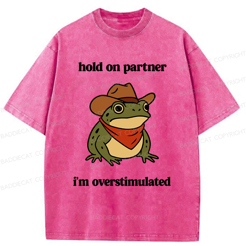 Baddiecat Hold On Partner I'm Overstimulated Frog Washed T-shirt