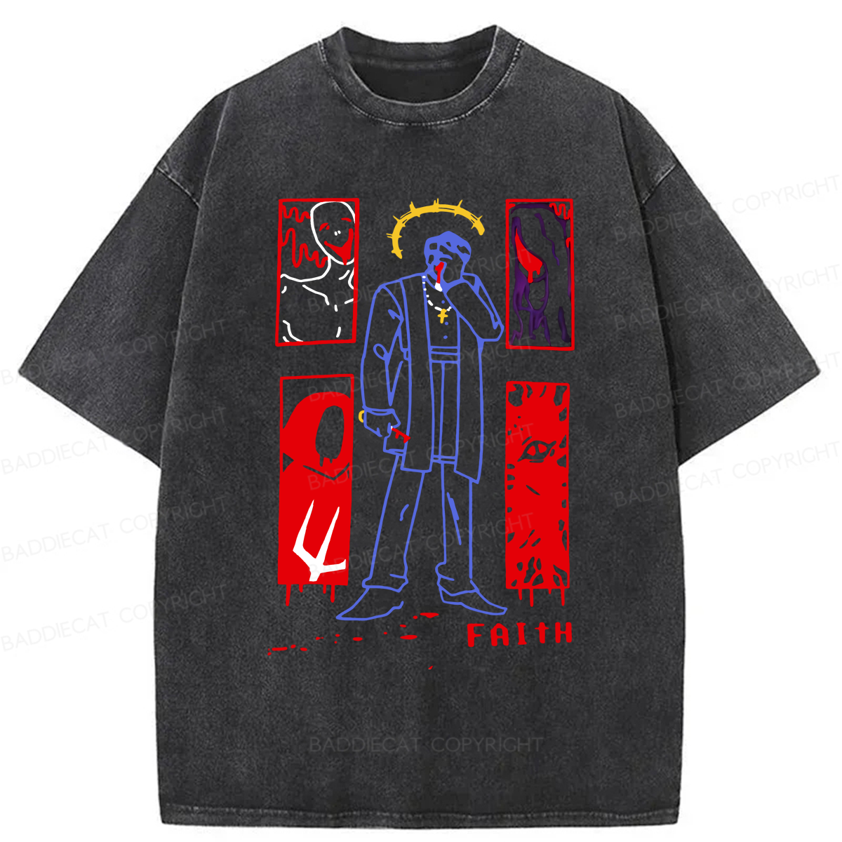 Baddiecat FAITH The Unholy Trinity Horror Game Washed T-shirt