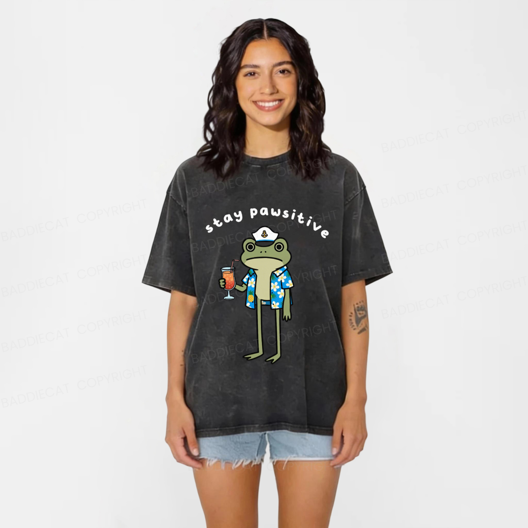 Baddiecat Optimistic Frog Washed T-shirt