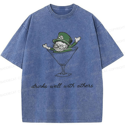 Baddiecat Leprechaun Martini Cocktail St Patrick's Day Washed T-shirt