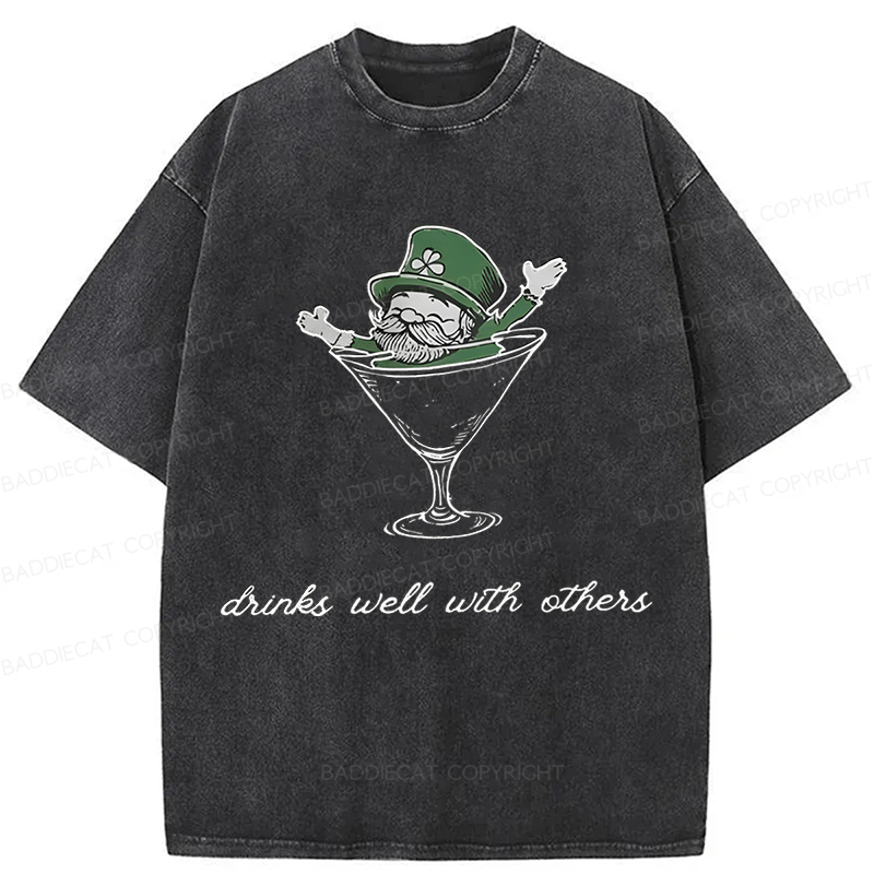 Baddiecat Leprechaun Martini Cocktail St Patrick's Day Washed T-shirt