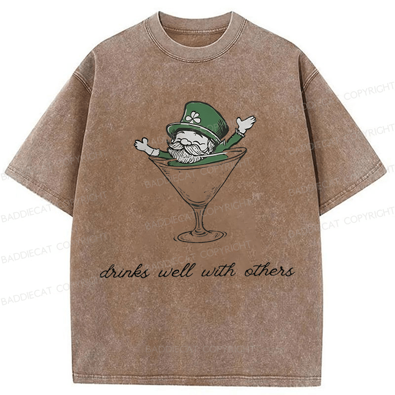 Baddiecat Leprechaun Martini Cocktail St Patrick's Day Washed T-shirt