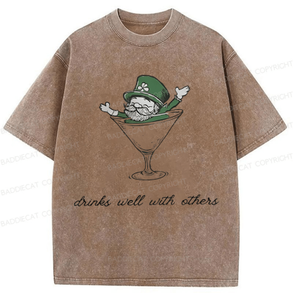 Baddiecat Leprechaun Martini Cocktail St Patrick's Day Washed T-shirt