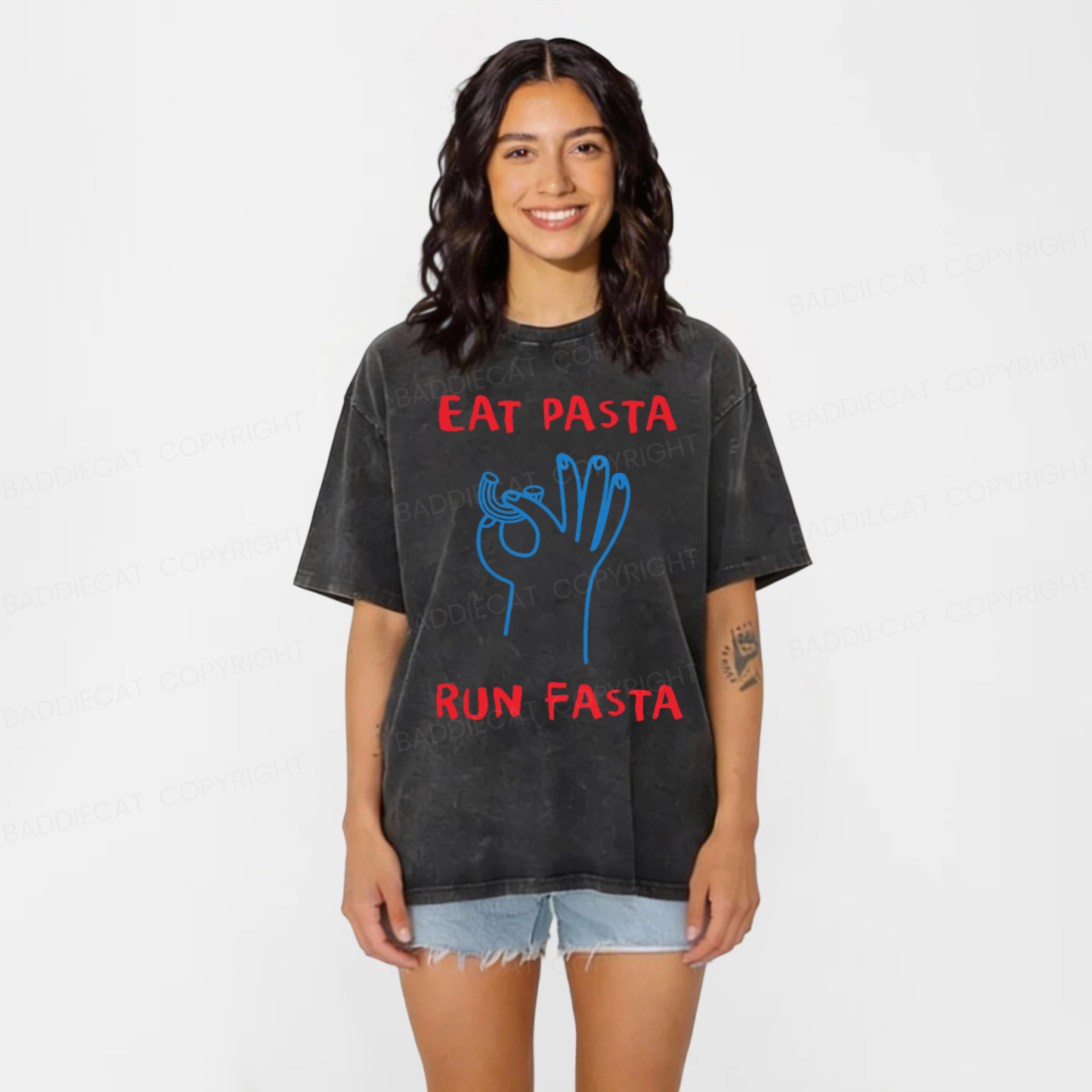Baddiecat Eat Pasta Run Fasta Washed T-shirt