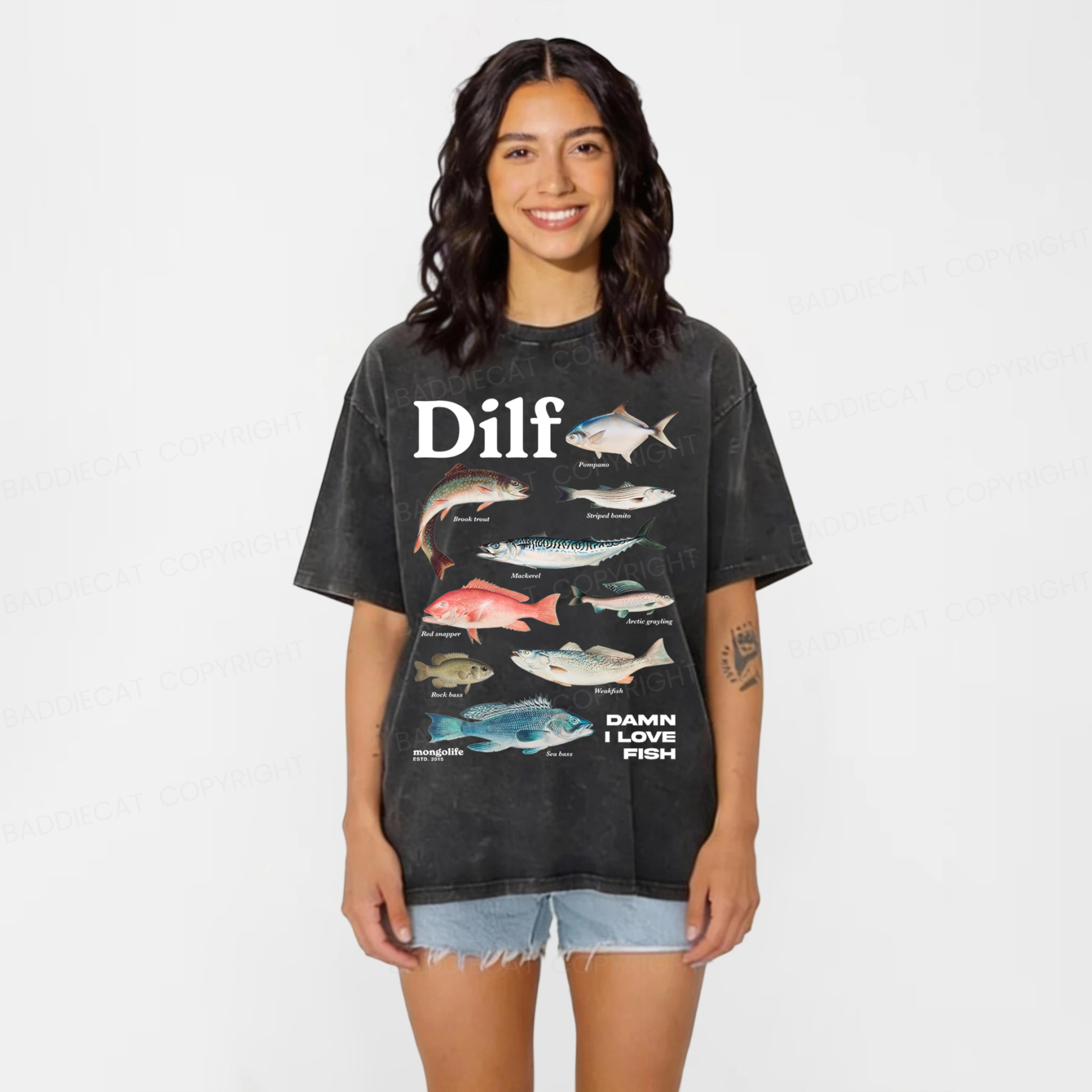 Baddiecat Damn I Love Fish Washed T-shirt