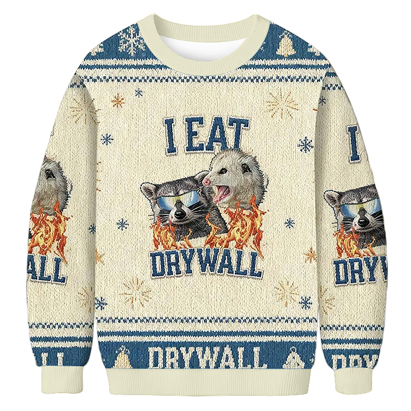 Baddiecat I Eat Drywall Funny Raccoon And Opossum Christmas Ugly Sweatshirt