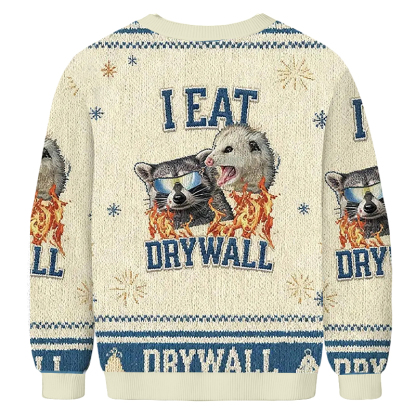 Baddiecat I Eat Drywall Funny Raccoon And Opossum Christmas Ugly Sweatshirt