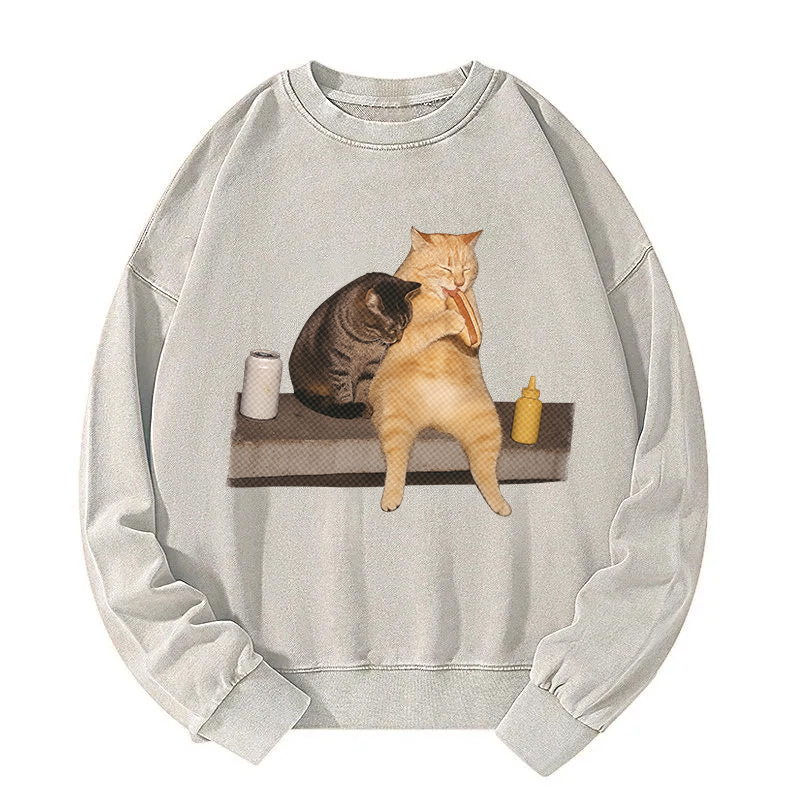 Cat Eating Hot Dog Washed Sweatshirt