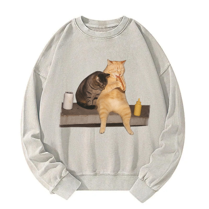Cat Eating Hot Dog Washed Sweatshirt