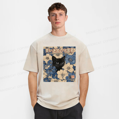 Baddiecat Japanese Black Cat Maze Game Washed T-shirt