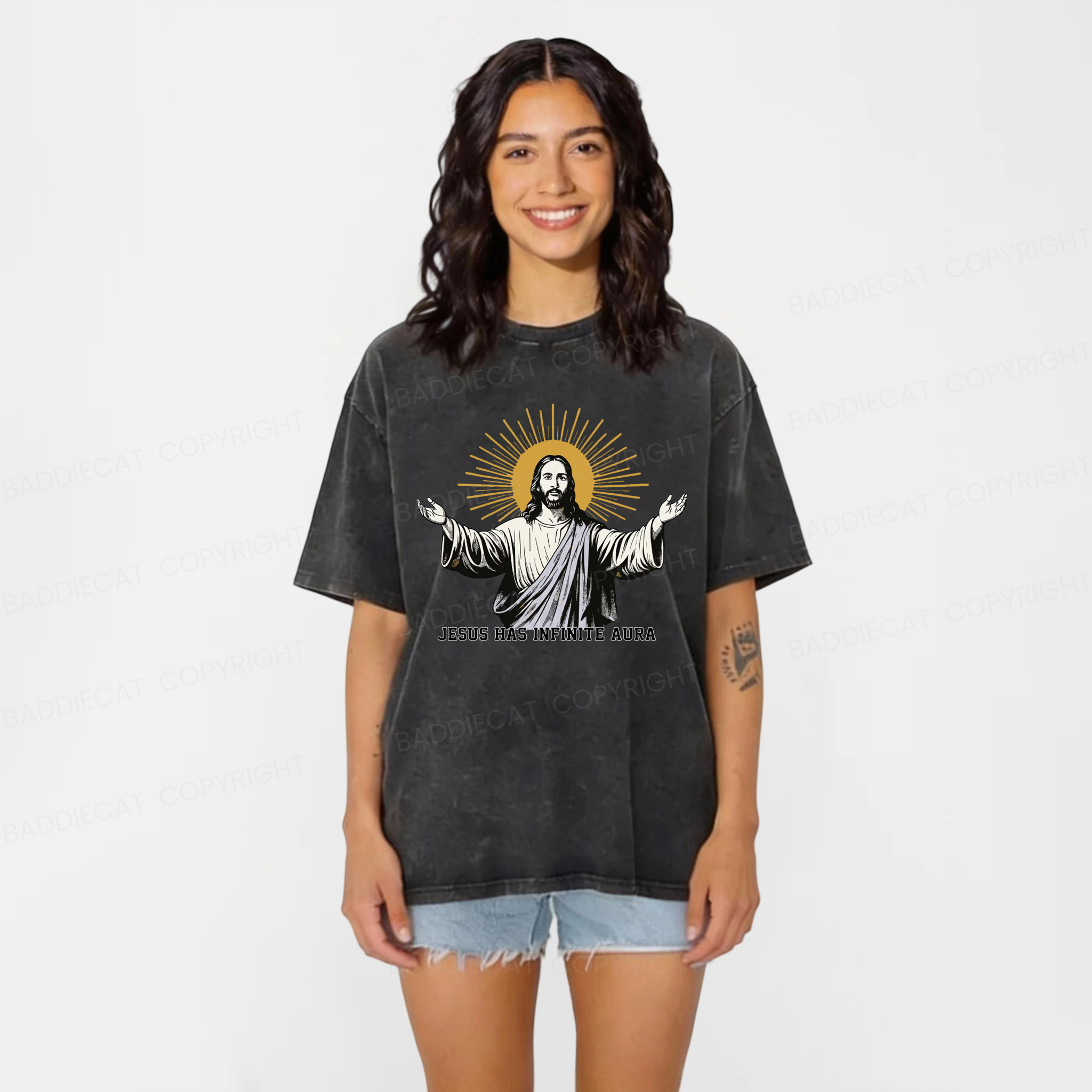 Baddiecat Jesus Has Infinite Aura Washed T-shirt