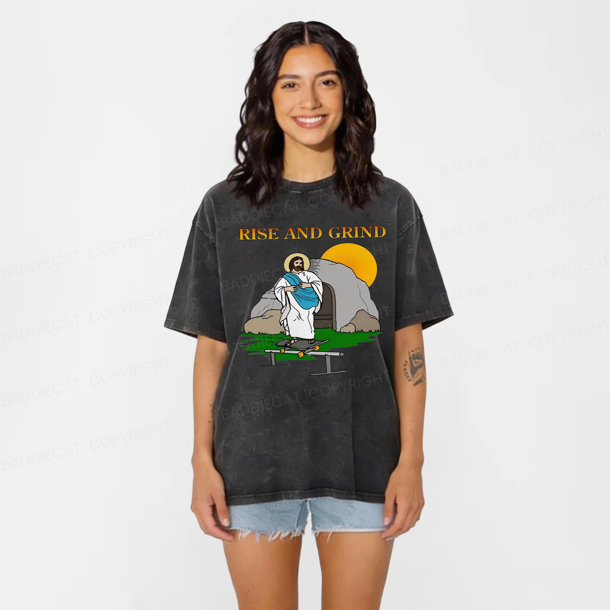 Baddiecat Jesus Rise And Grind Washed T-shirt