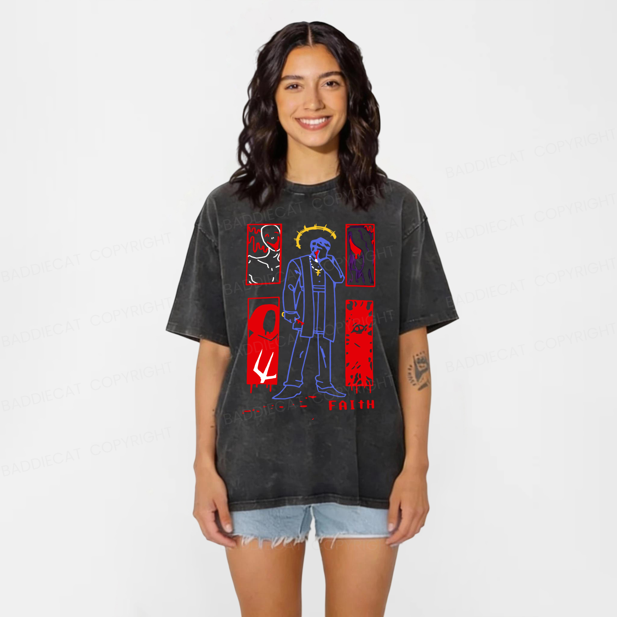 Baddiecat FAITH The Unholy Trinity Horror Game Washed T-shirt