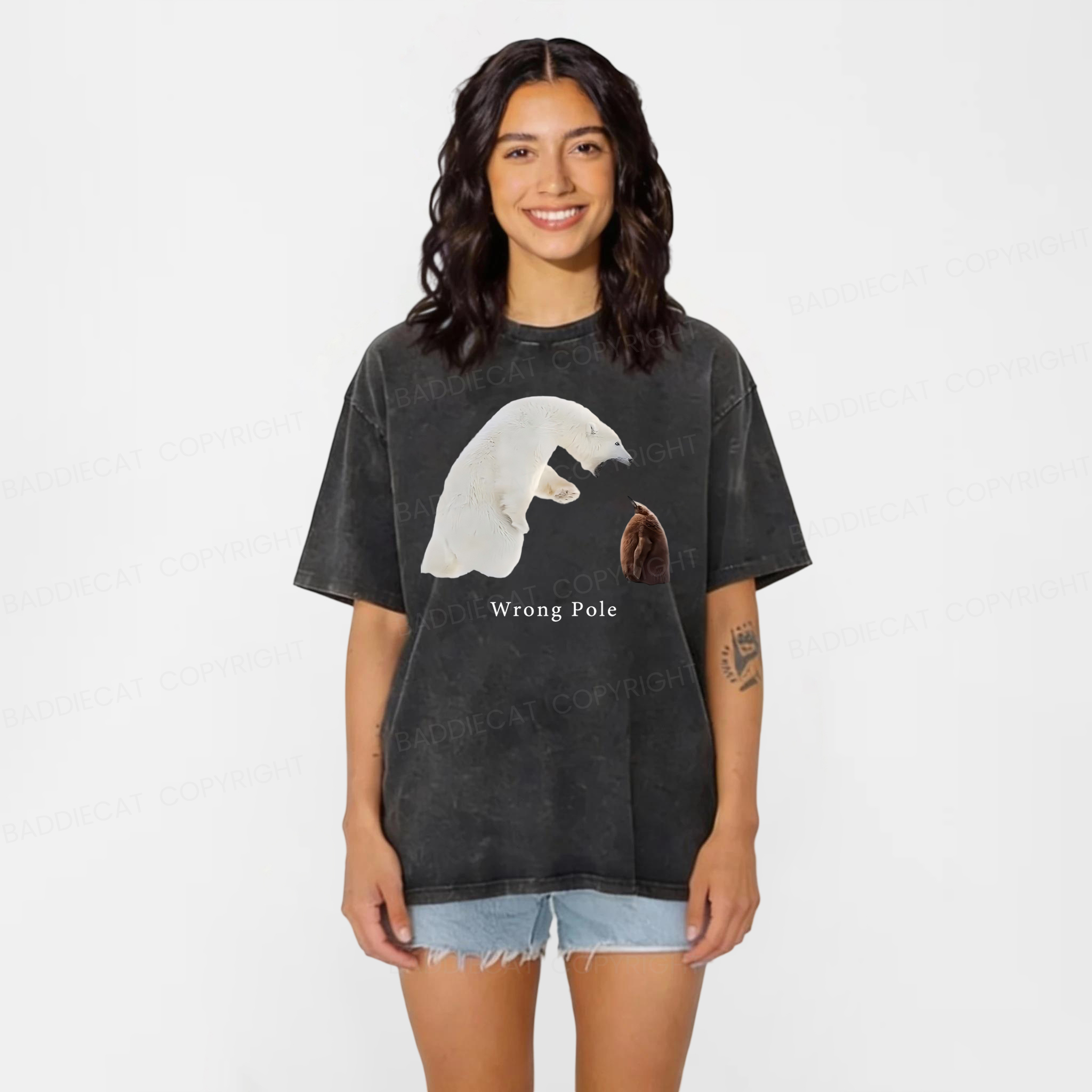 Baddiecat Funny Polar Bear And Penguin Washed T-shirt
