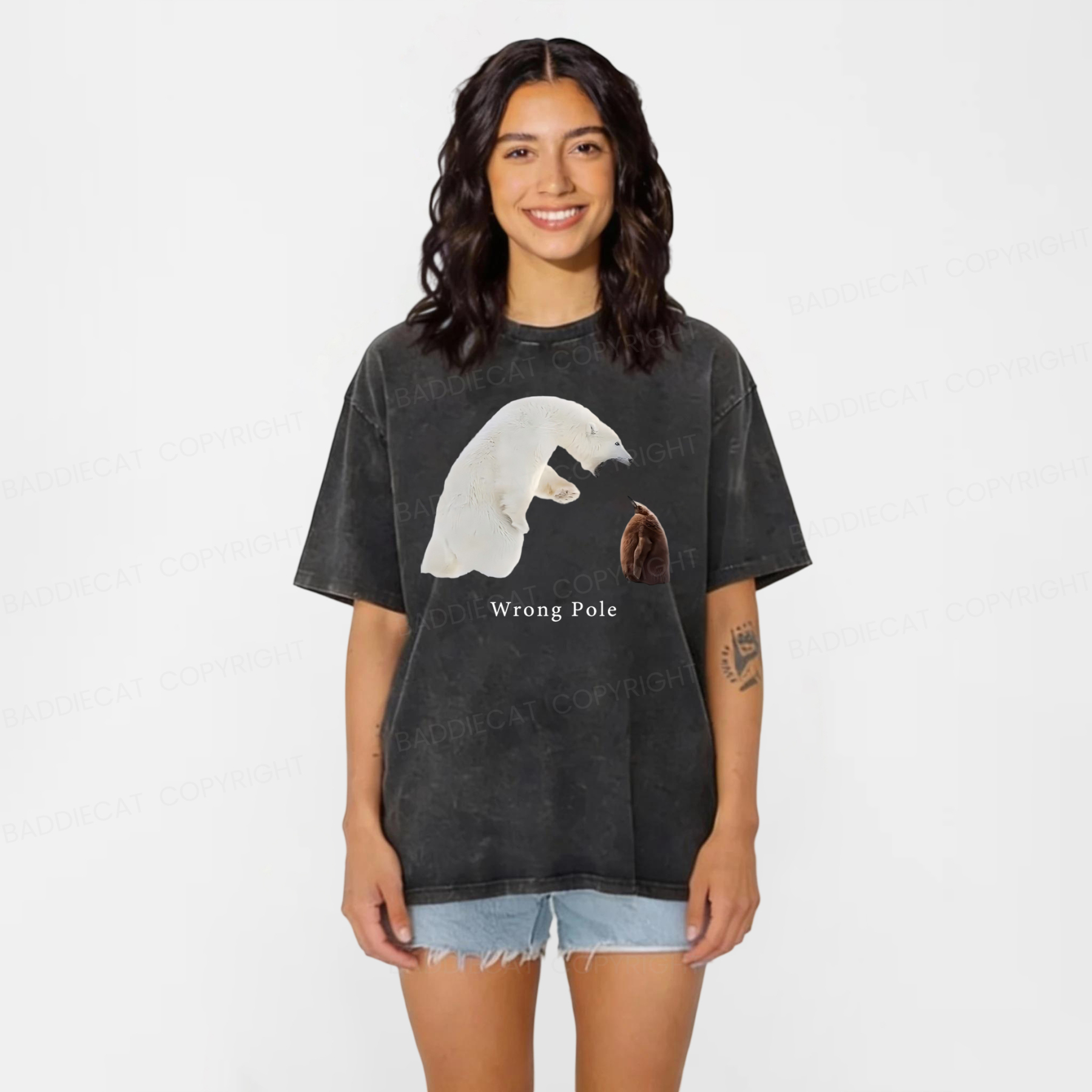 Baddiecat Funny Polar Bear And Penguin Washed T-shirt