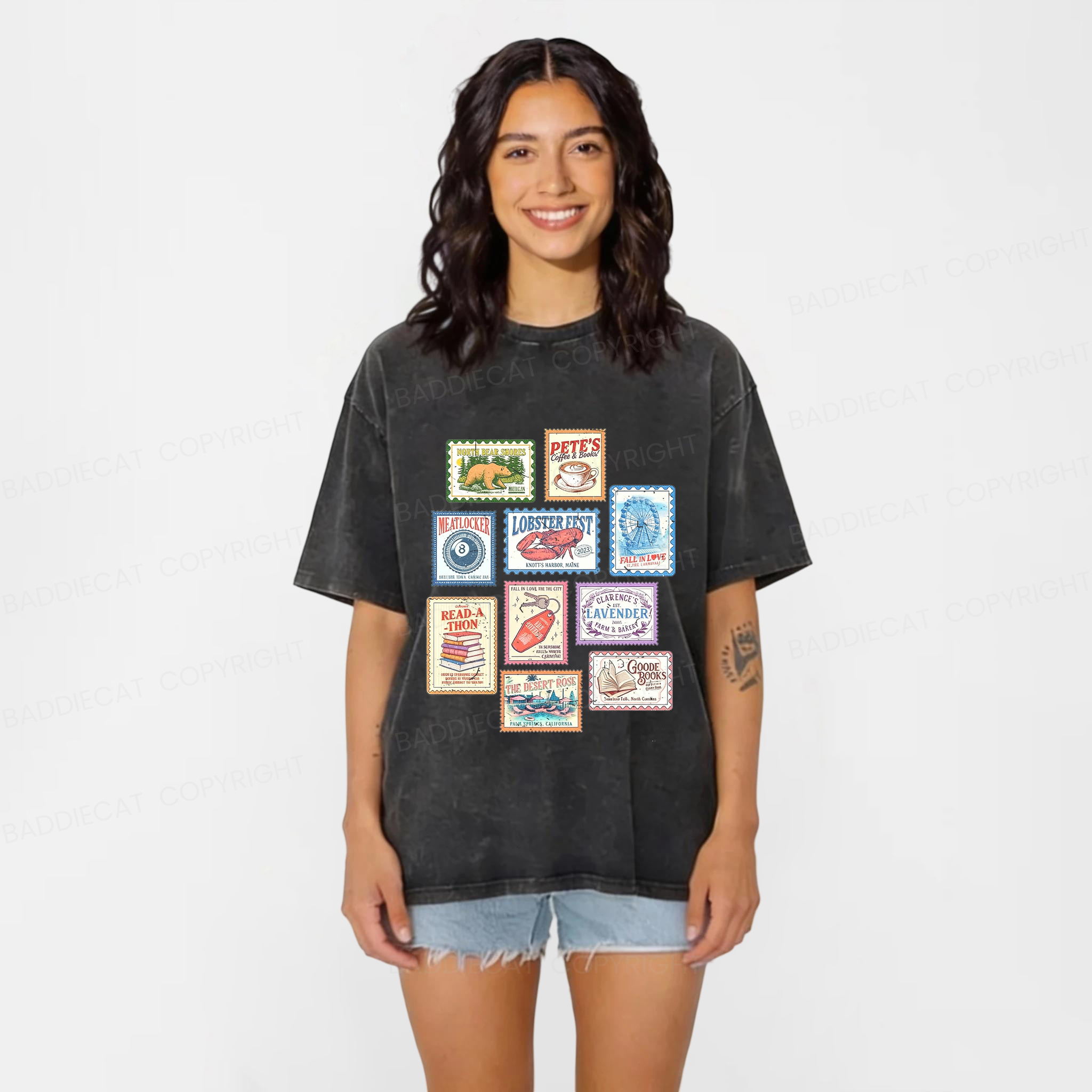 Baddiecat Emily Henry Books Stamp Washed T-shirt