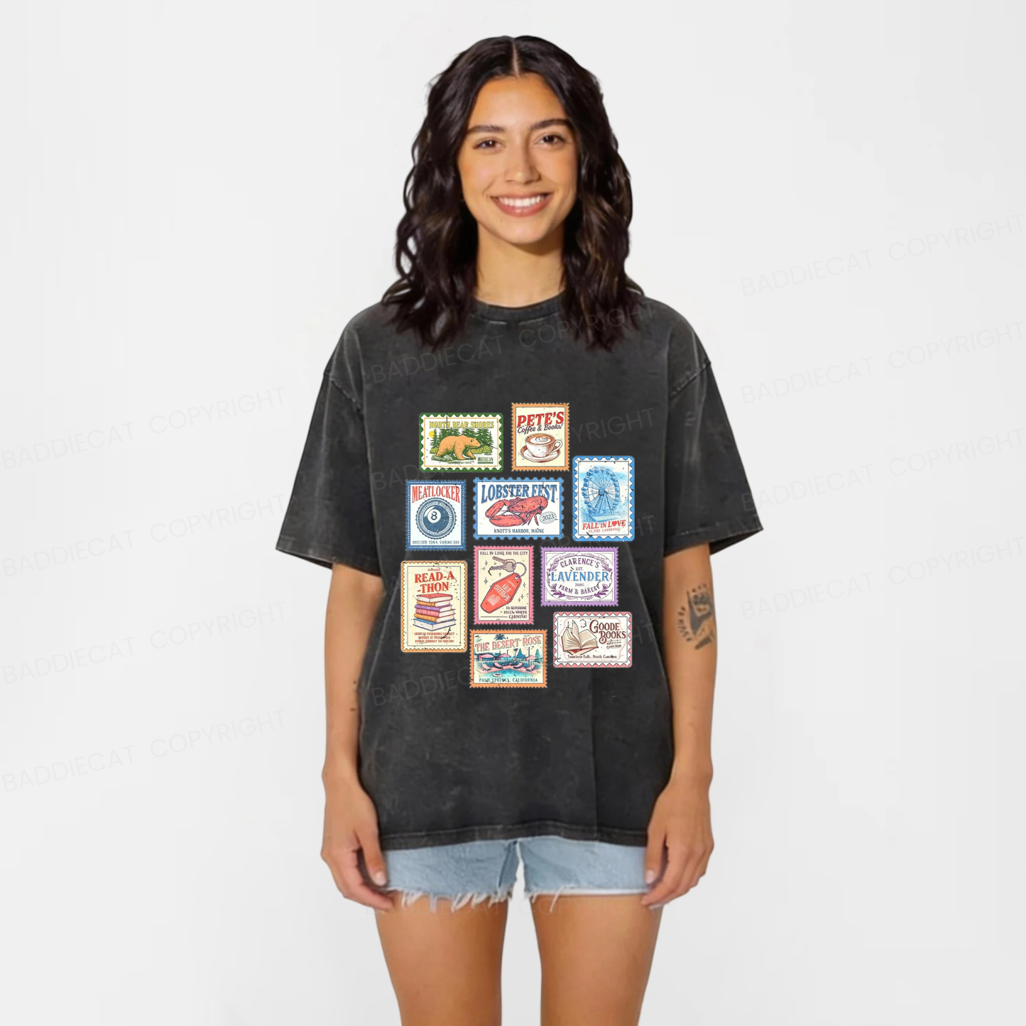 Baddiecat Emily Henry Books Stamp Washed T-shirt