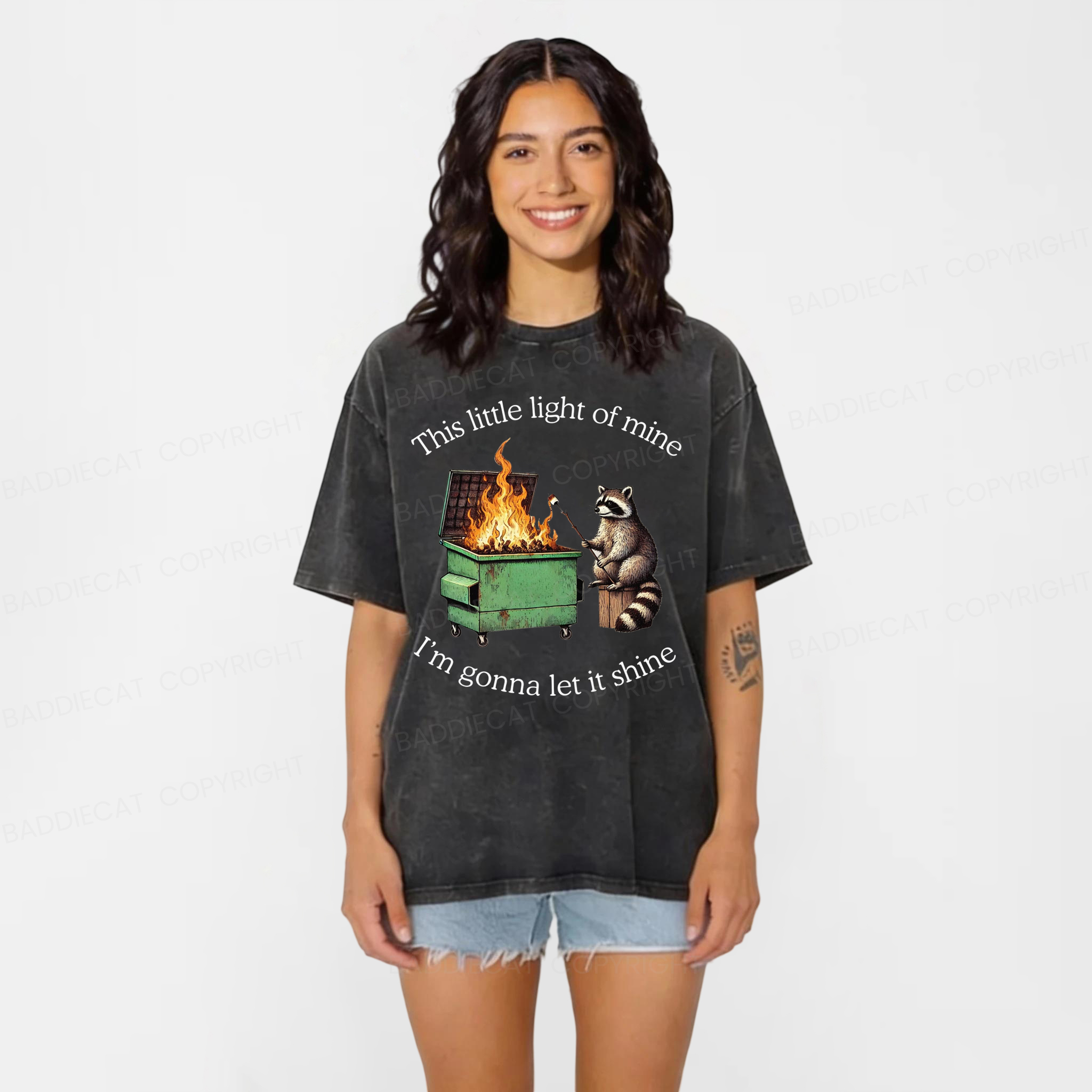 Baddiecat Shinning Bright Funny Raccoon Washed T-shirt