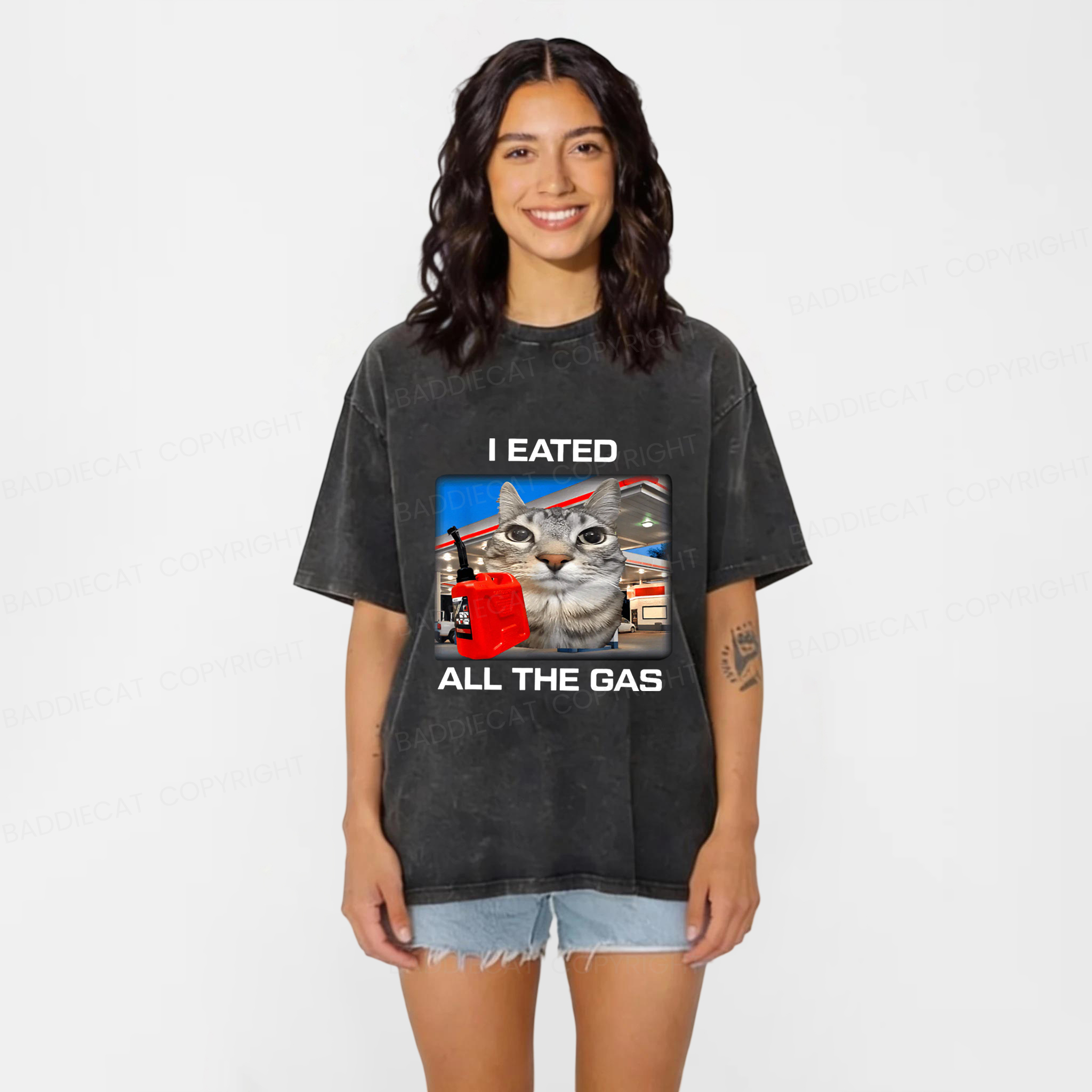 Baddiecat I Eated All The Gas Funny Silly Staring Cat Meme Washed T-shirt