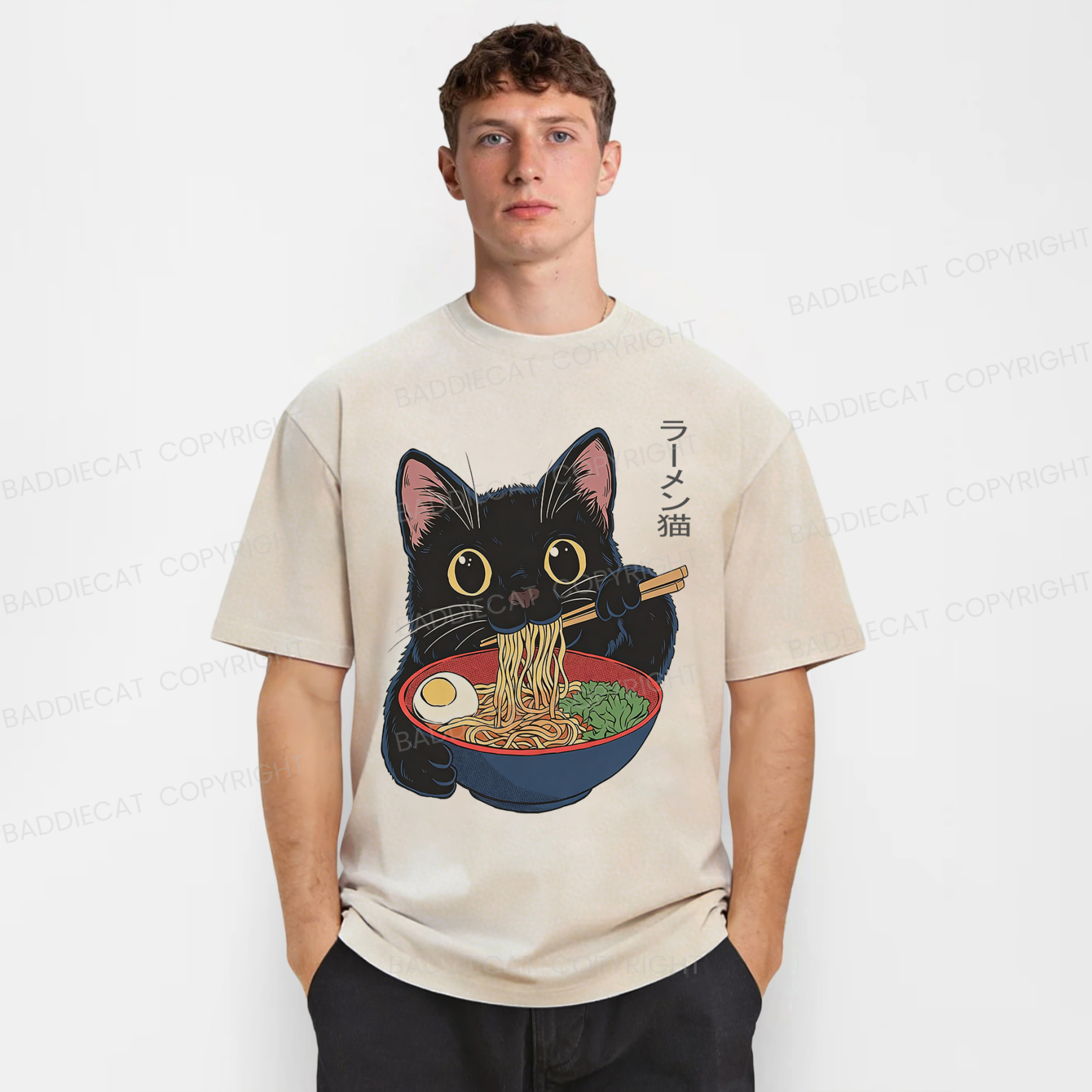 Baddiecat Ramen Cat Washed T-shirt