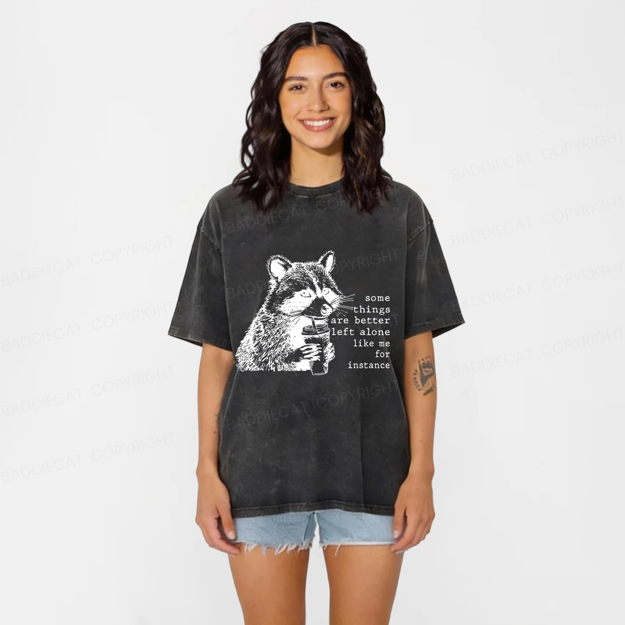 Baddiecat Retro Some Things Are Better Left Alone Raccoon Washed T-shirt
