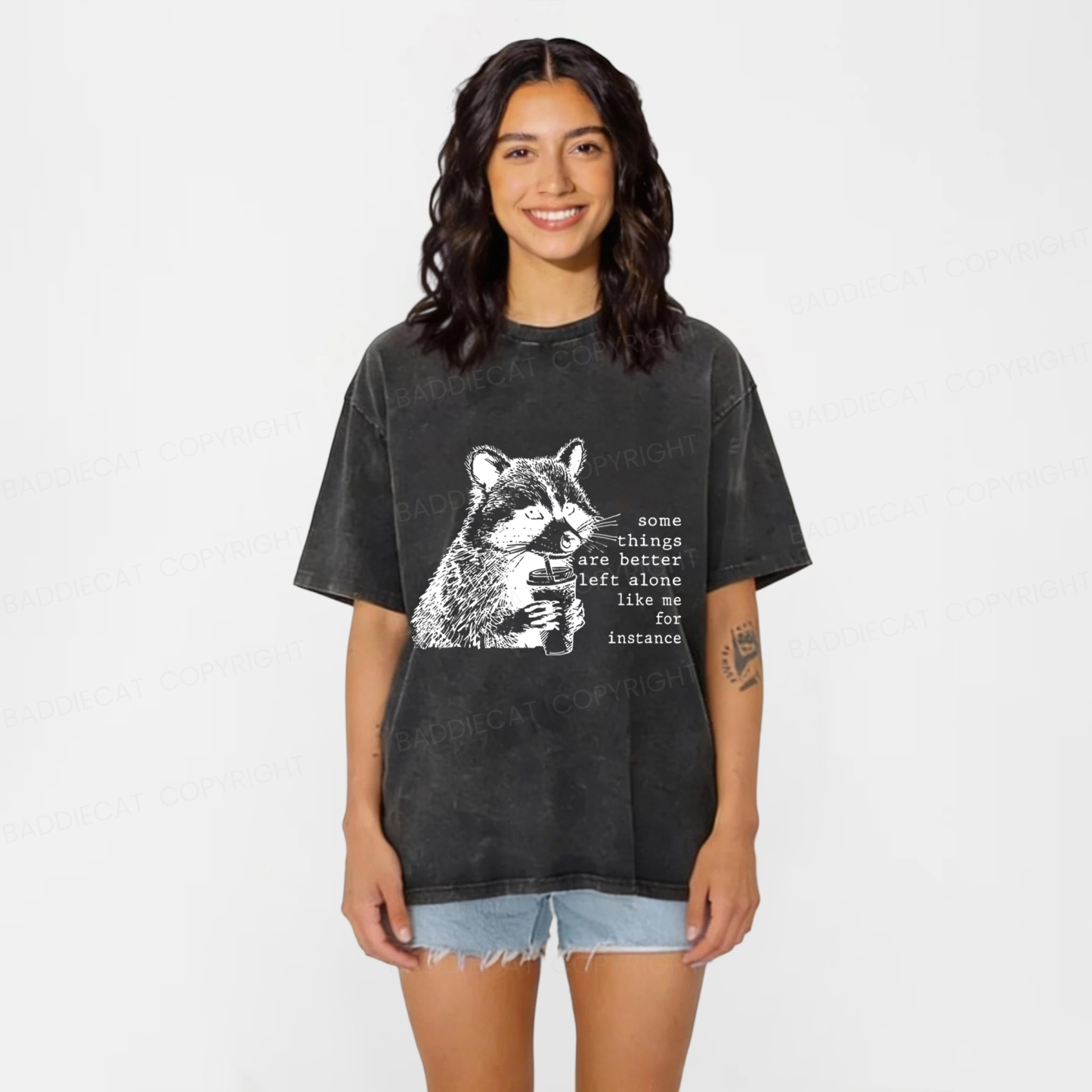Baddiecat Retro Some Things Are Better Left Alone Raccoon Washed T-shirt