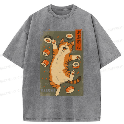 Baddiecat Cat And Sushi Washed T-shirt