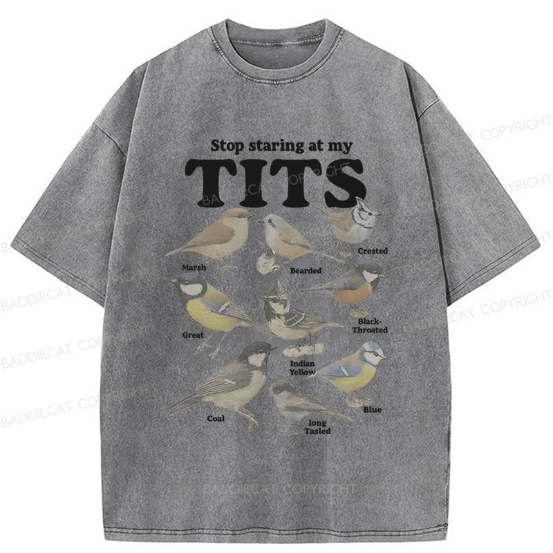 Baddiecat Stop Staring At My Tits Birds Washed T-shirt