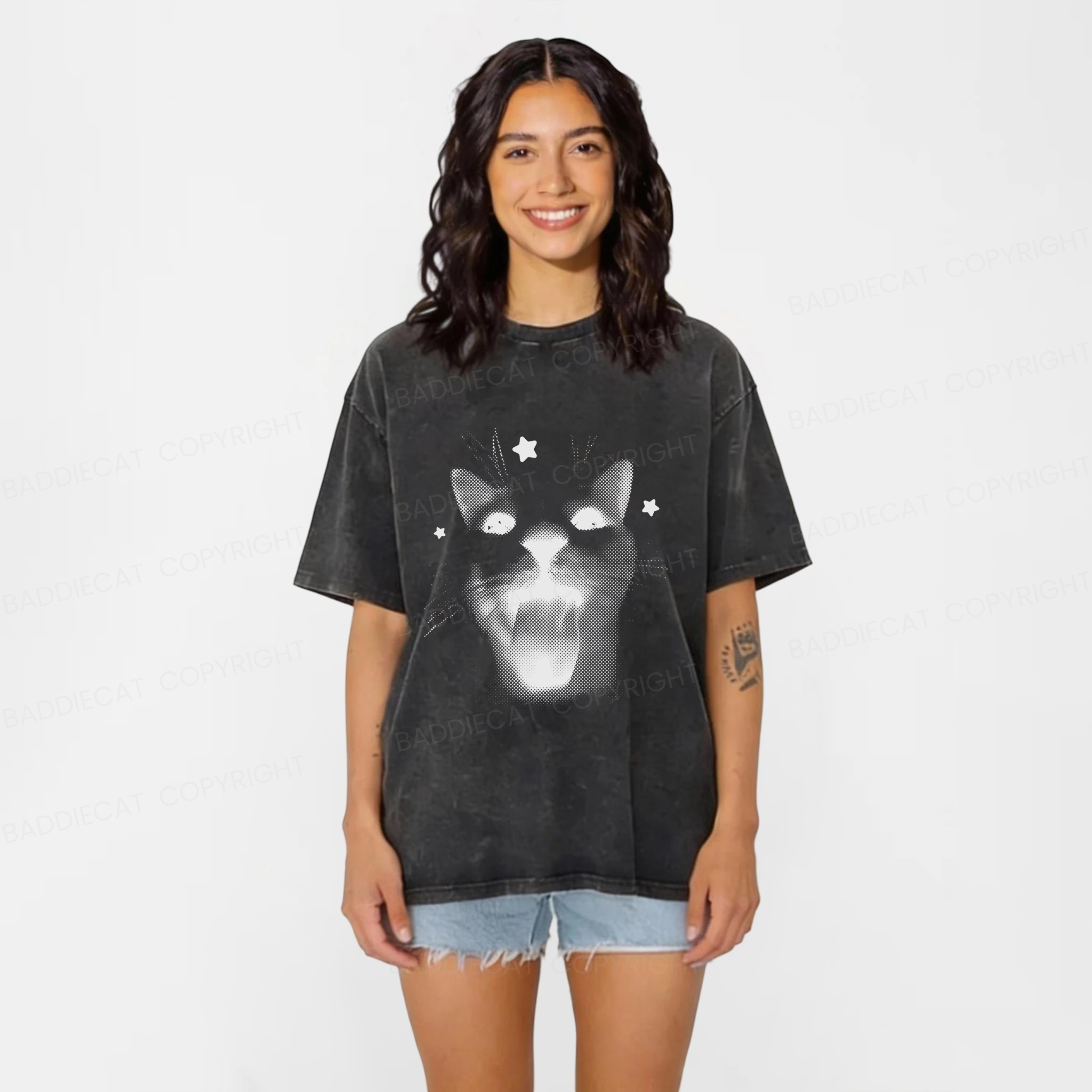 Baddiecat Retro Cat Washed T-shirt