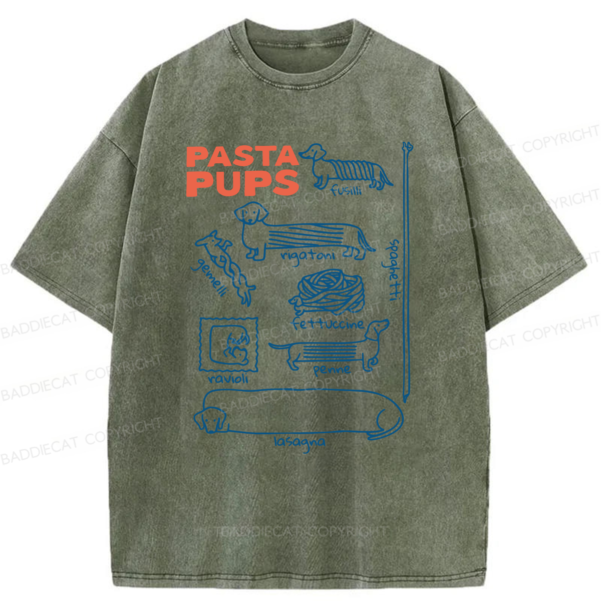 Baddiecat Pasta Pups Dachshunds As Pasta Types Washed T-shirt