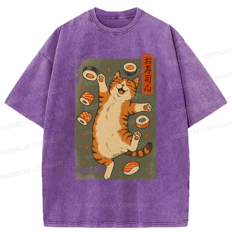 Baddiecat Cat And Sushi Washed T-shirt