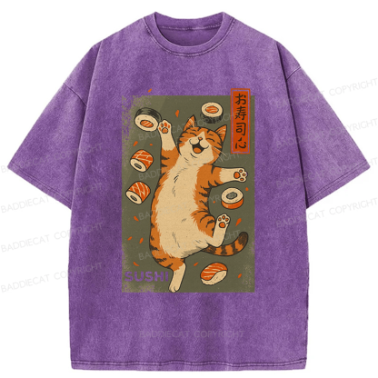 Baddiecat Cat And Sushi Washed T-shirt