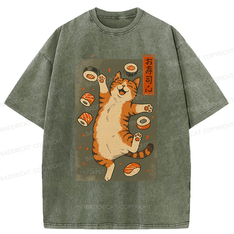 Baddiecat Cat And Sushi Washed T-shirt