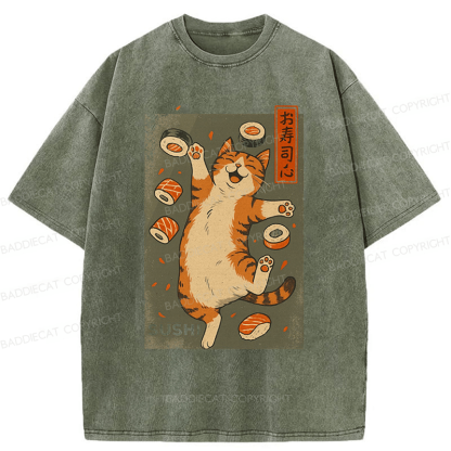Baddiecat Cat And Sushi Washed T-shirt