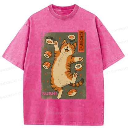 Baddiecat Cat And Sushi Washed T-shirt