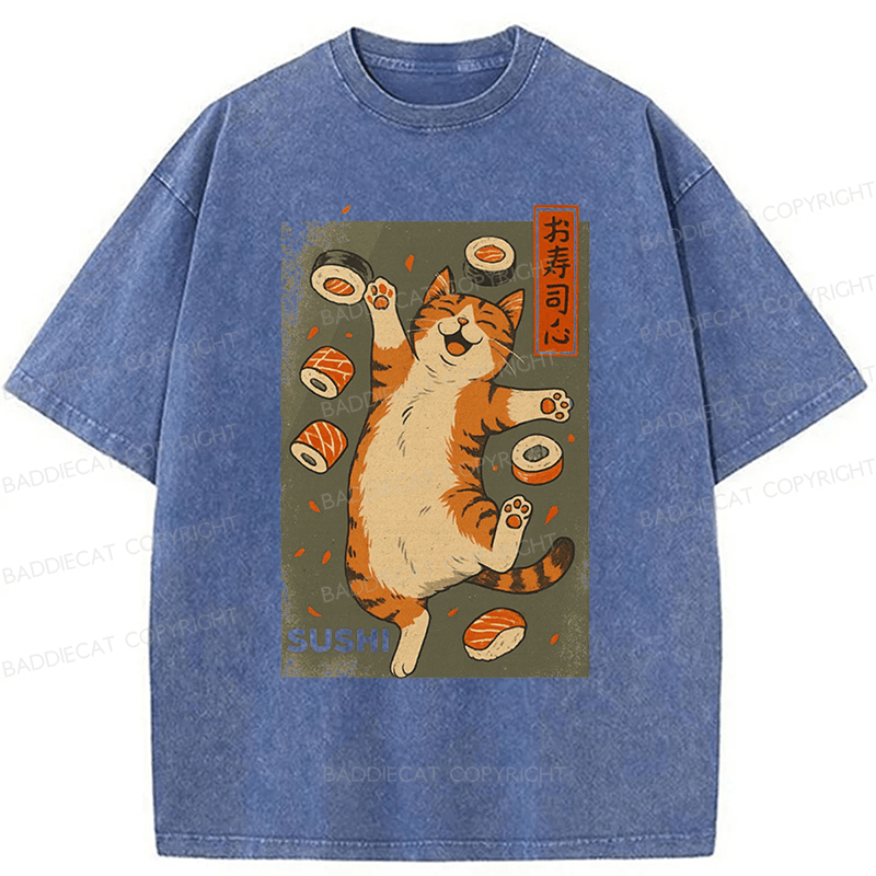 Baddiecat Cat And Sushi Washed T-shirt