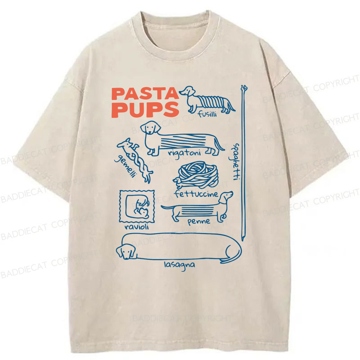 Baddiecat Pasta Pups Dachshunds As Pasta Types Washed T-shirt