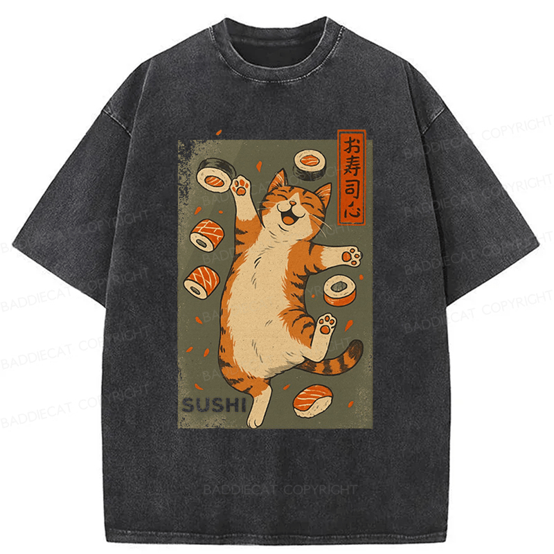 Baddiecat Cat And Sushi Washed T-shirt