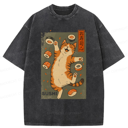 Baddiecat Cat And Sushi Washed T-shirt