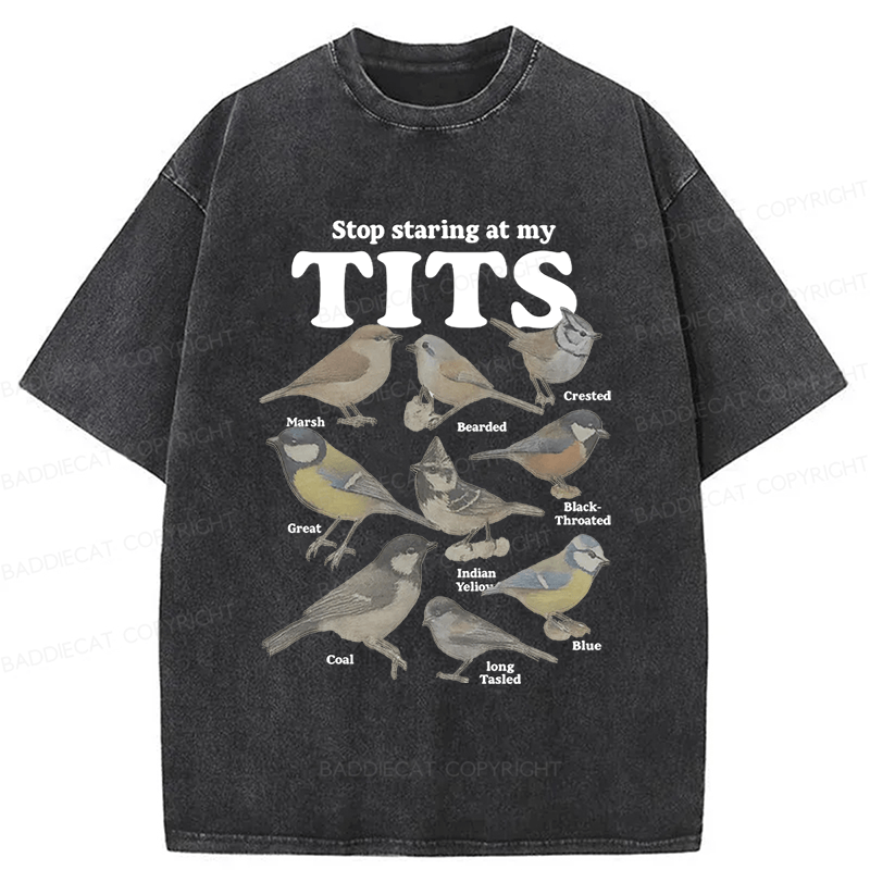 Baddiecat Stop Staring At My Tits Birds Washed T-shirt
