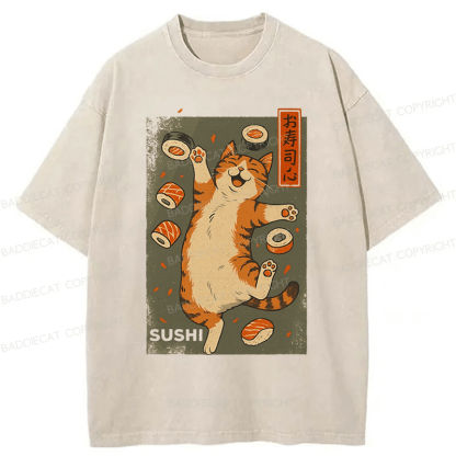 Baddiecat Cat And Sushi Washed T-shirt