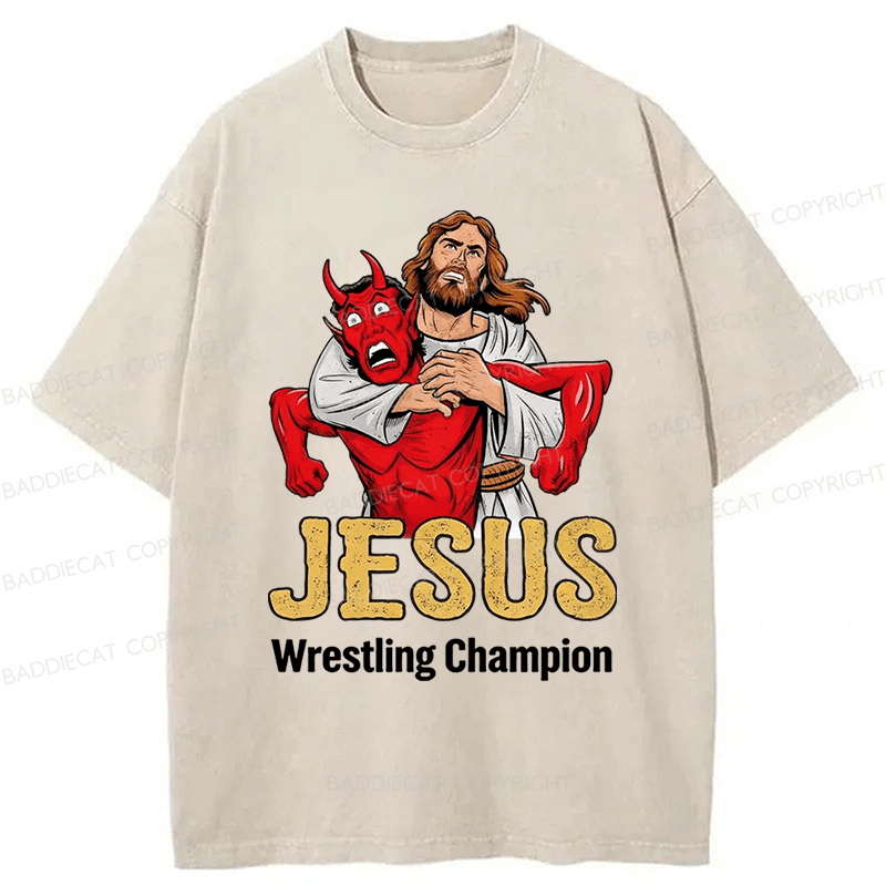 Baddiecat Jesus Wrestling Champion Washed T-shirt