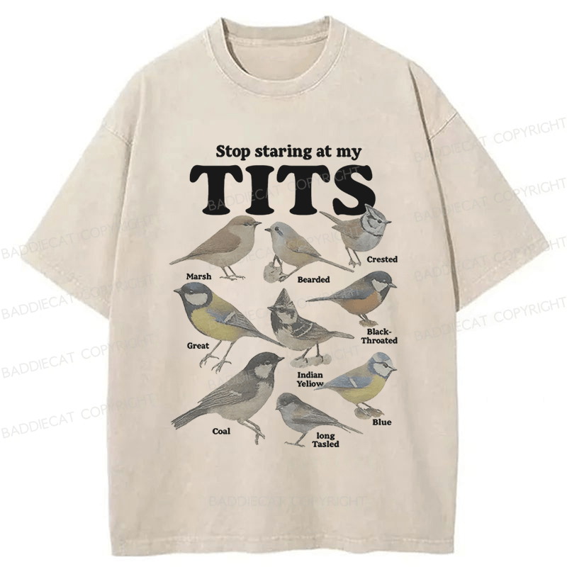 Baddiecat Stop Staring At My Tits Birds Washed T-shirt