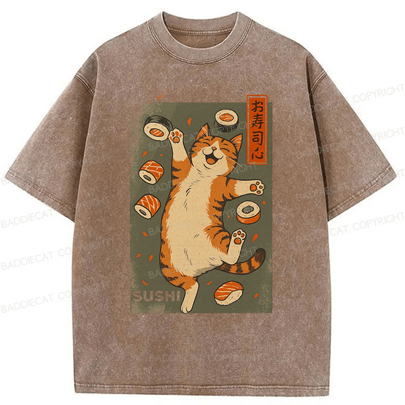 Baddiecat Cat And Sushi Washed T-shirt