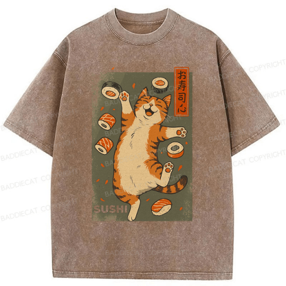 Baddiecat Cat And Sushi Washed T-shirt