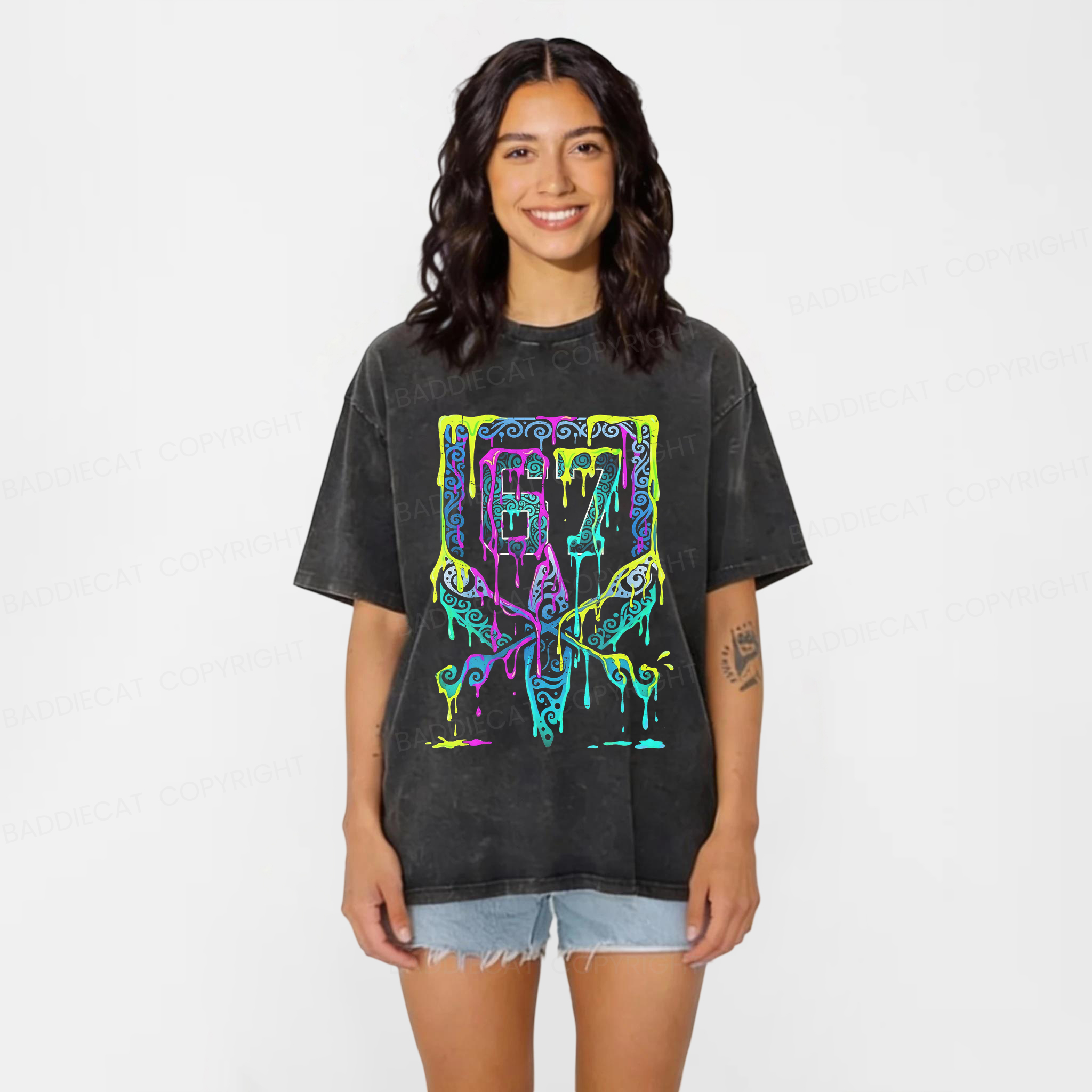 Baddiecat Six Seven Meme Washed T-shirt