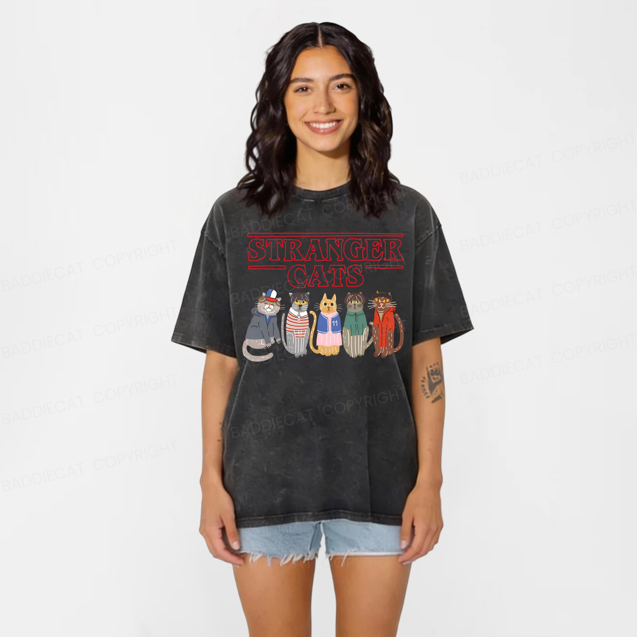 Baddiecat Stranger Cats Washed T-shirt