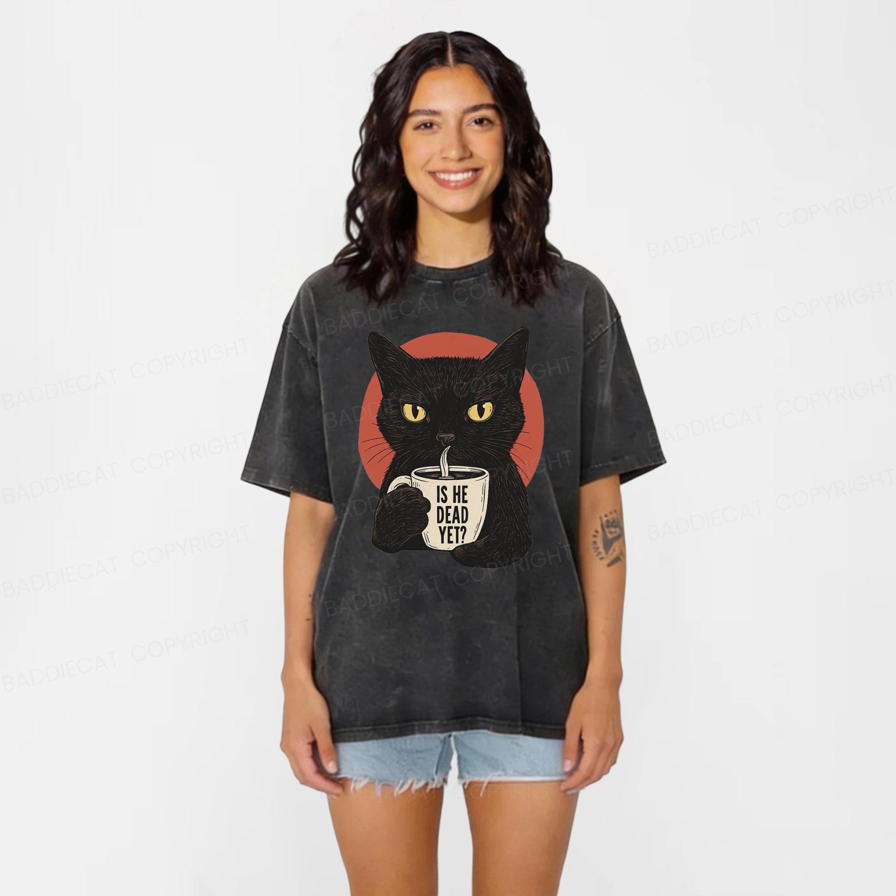 Baddiecat Is He Dead Yet Black Cat Washed T-shirt