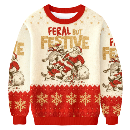 Baddiecat Funny Christmas Raccoon Digital Design Christmas Ugly Sweatshirt